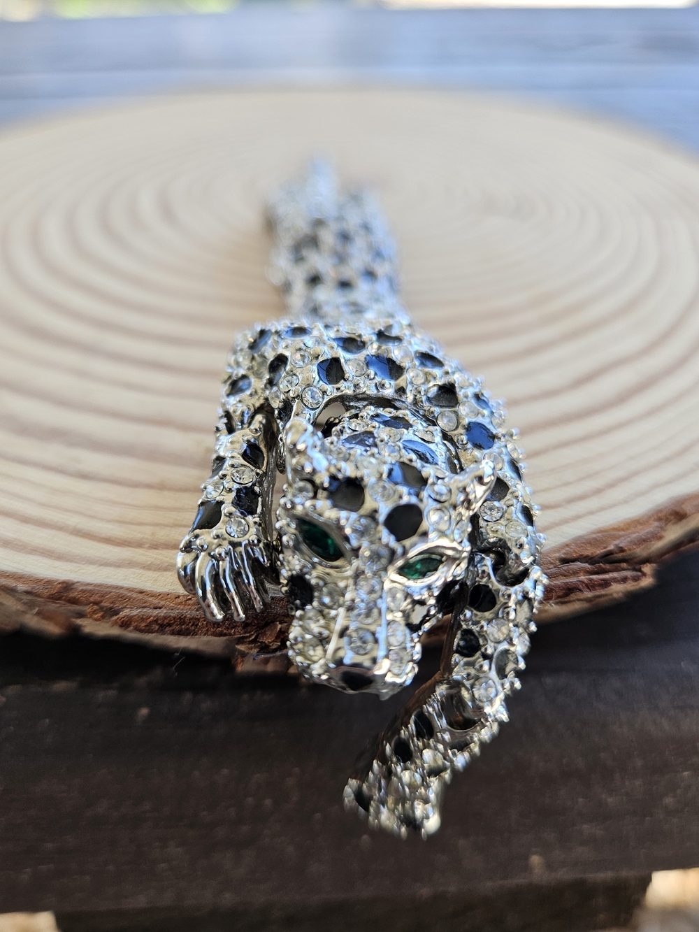 Silver-Tone Leopard Brooch with Green Crystal Eyes